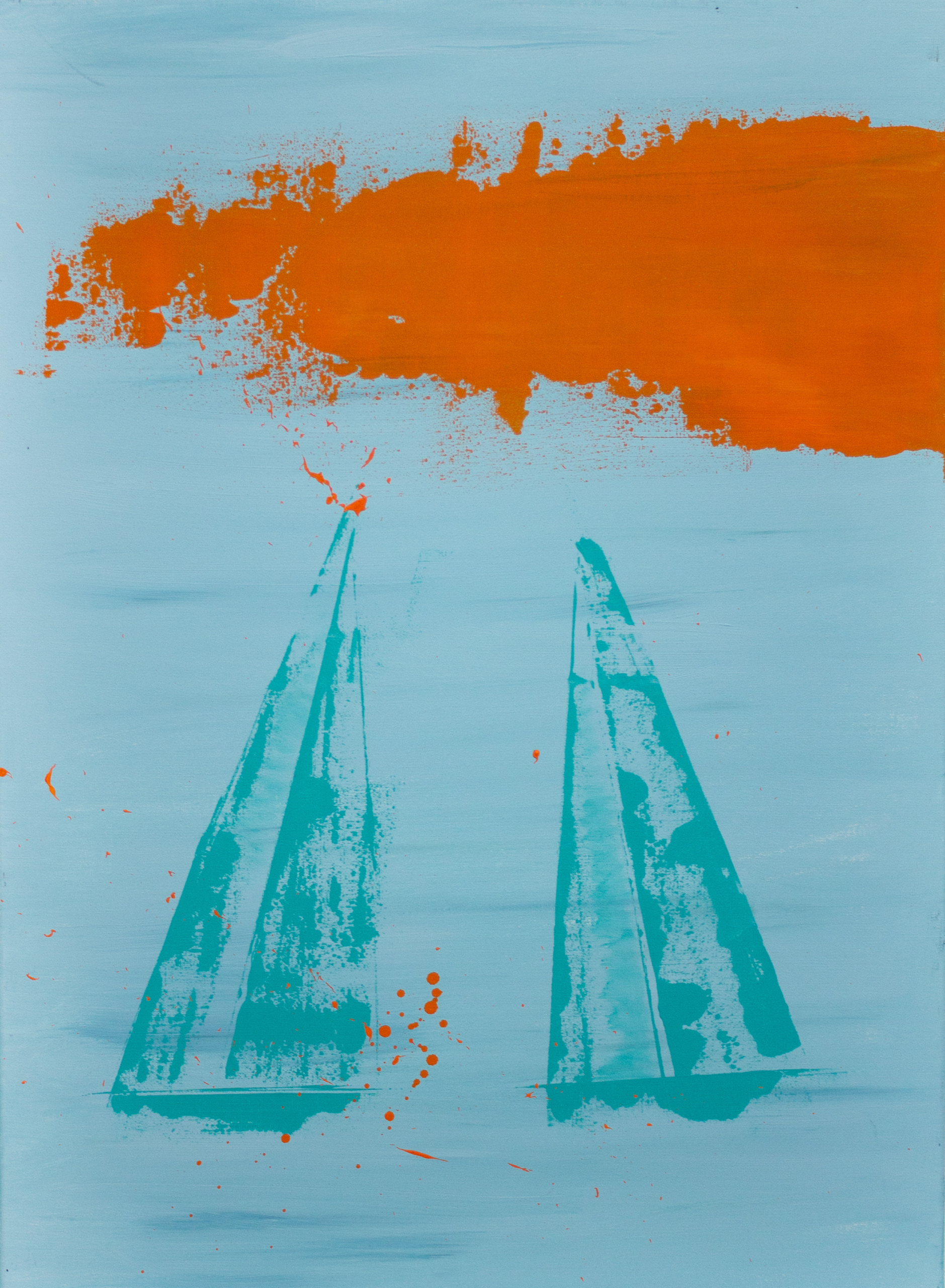 Akrüülmaal "Päikeseloojangu Purjed / Sunset Sails" troopilisest türkiissinisest merest, kus seilavad õrnad mererohelised purjekad, peegeldades suvist ja eksootilist rannikuõhustikku - the flos edit. Struktuurne akrüülmaal interjööris, the flos edit. Teos asub erakogus..